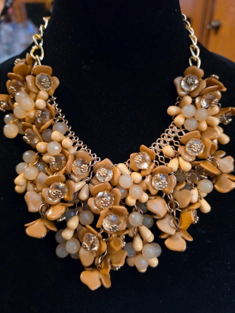 Talbots Tan and Cream Floral Cluster Necklace with Crystal Centers